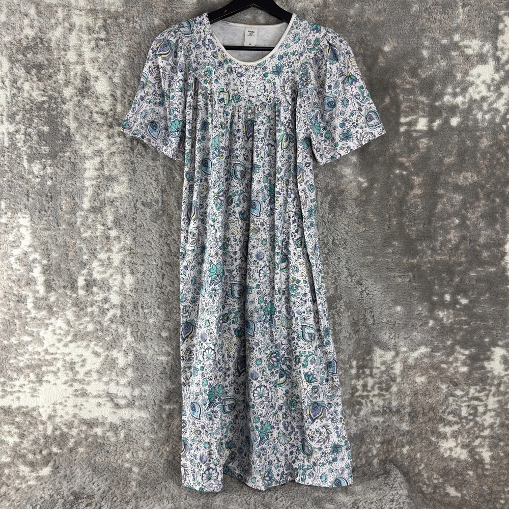 Calida‎ Size XS Floral Print Midi Flared Dress Blue White Short Sleeve Pullover